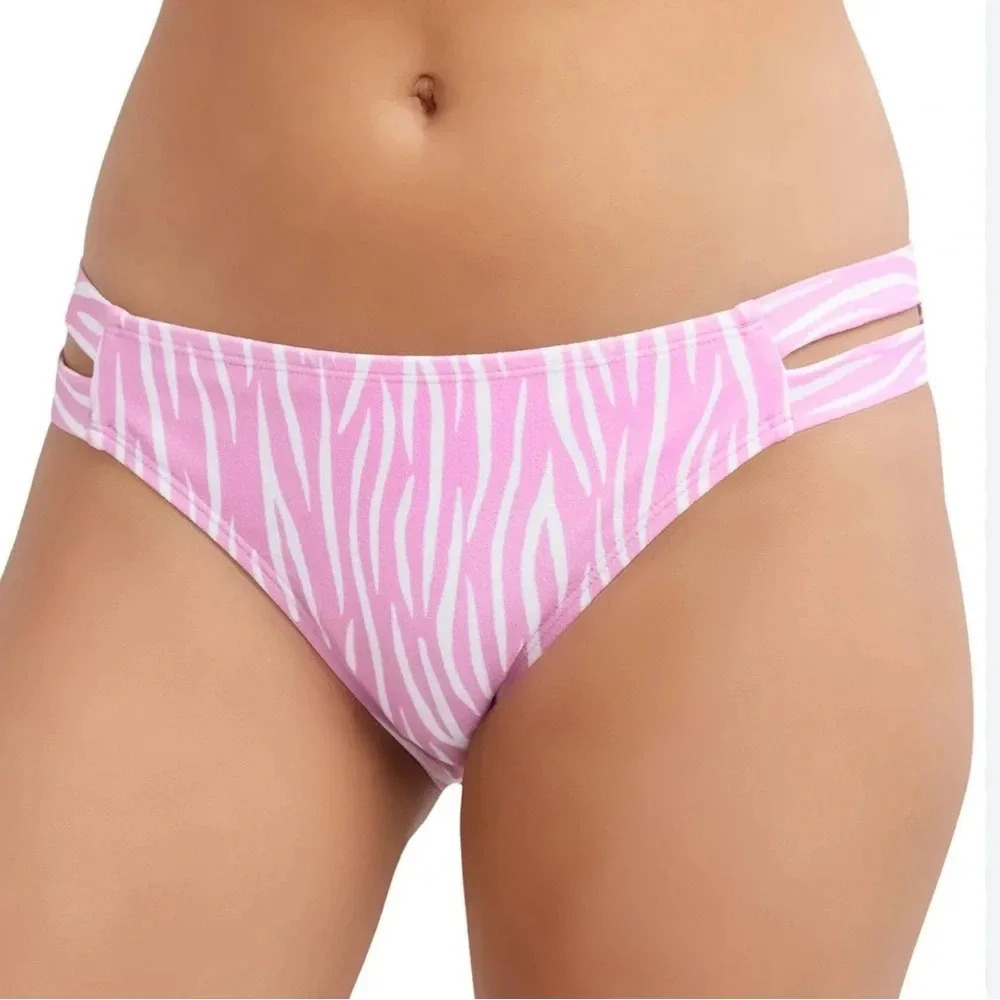 BCBGeneration Striped Side Tab Bikini Bottom Animal Print Pink Size M NWT